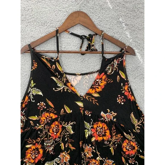 TORRID 5 Spaghetti Strap Black Orange Floral Tiered Tie-Neck Blouse Top Drapey - Picture 7 of 10